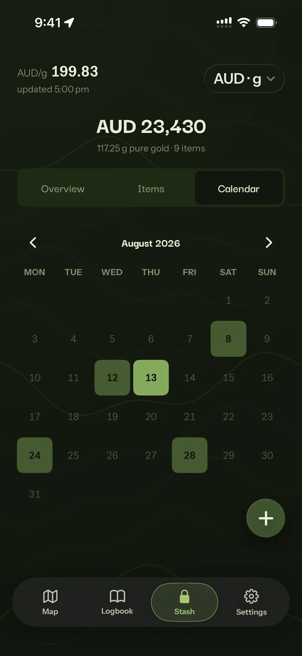 The Stash calendar for August 2026, with the days that produced gold marked.