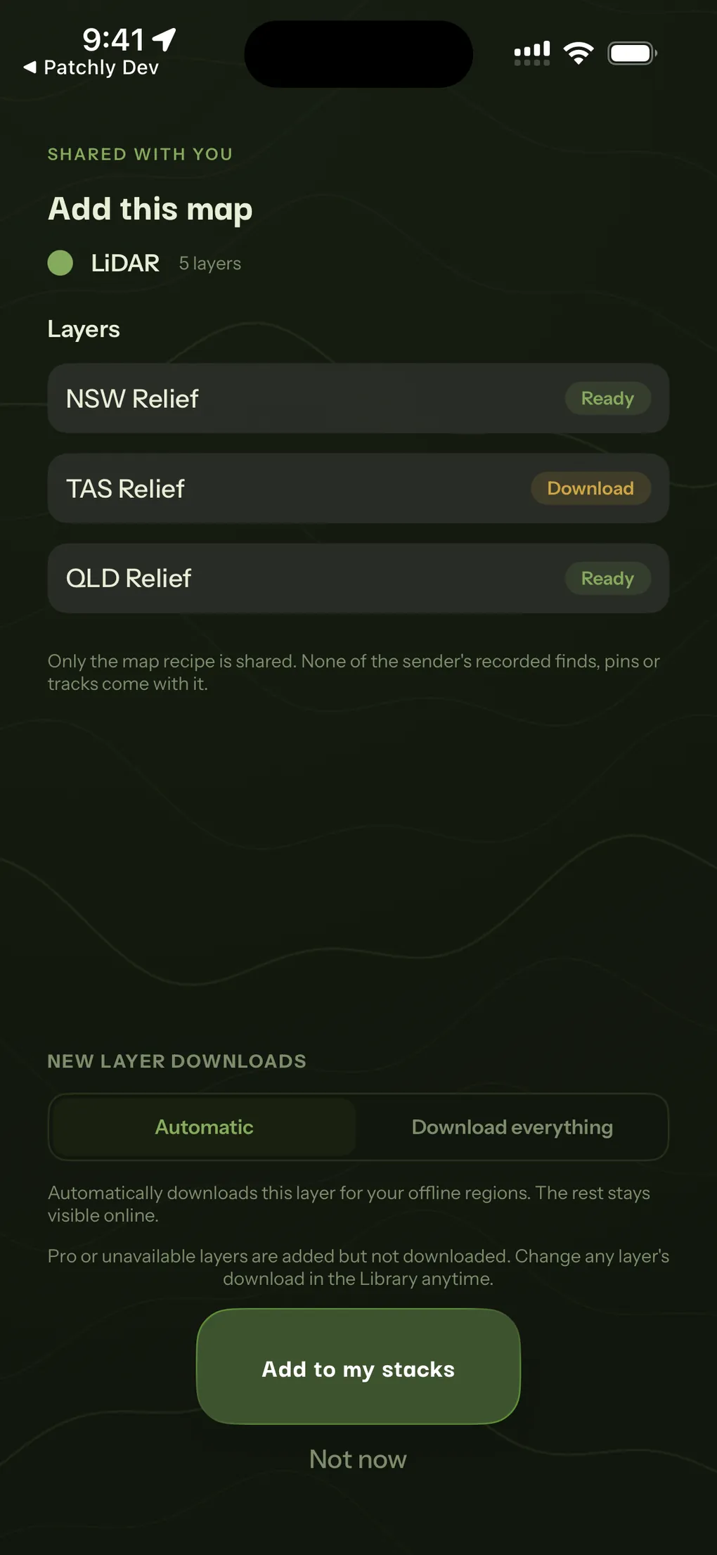 A shared map arriving: its five LiDAR layers listed ready or to download, with a note that only the recipe is shared.